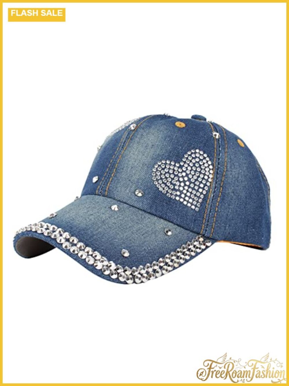 Rhinestone Studded Denim Baseball Cap Bling Adjustable Sun Hat for Women